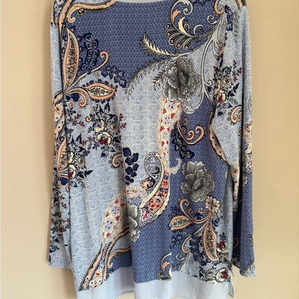 Chicos 2 L Paisley Floral Print Long Sleeve V Neck Tunic Top Blue - Picture 3 of 3